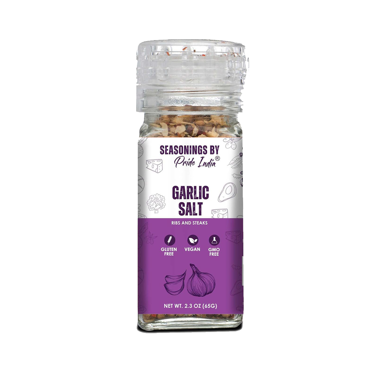 PRIDE OF INDIA Garlic Salt  w/ Grinder Cap - Case of 6 - 2.3 oz