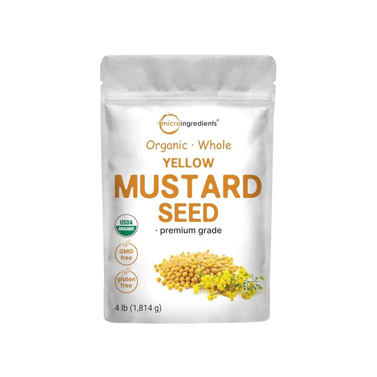Pure Indian Foods Mustard Seed Yellow, Certified Organic - Whole Seasoning Blend Resealable Bag - Case of 12 - 8 oz