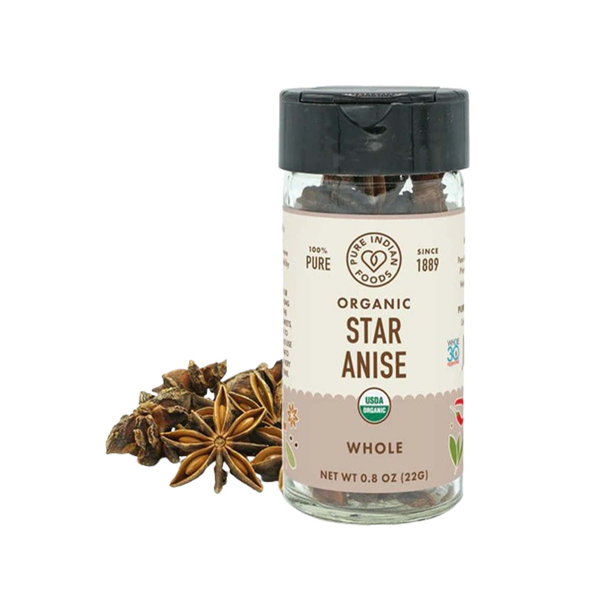 Pure Indian Foods Star Anise Whole, Certified Organic - Whole Seasoning Blend Glass Jar - Case of 12 - 0.8 oz