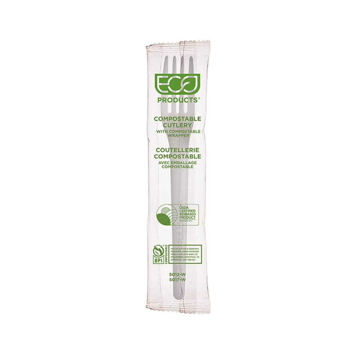 ECO-PRODUCTS - Plantware® Renewable & Compostable Individually Wrapped Fork - 6" White, Compostable Wrapper - Case of 1000 - 6in