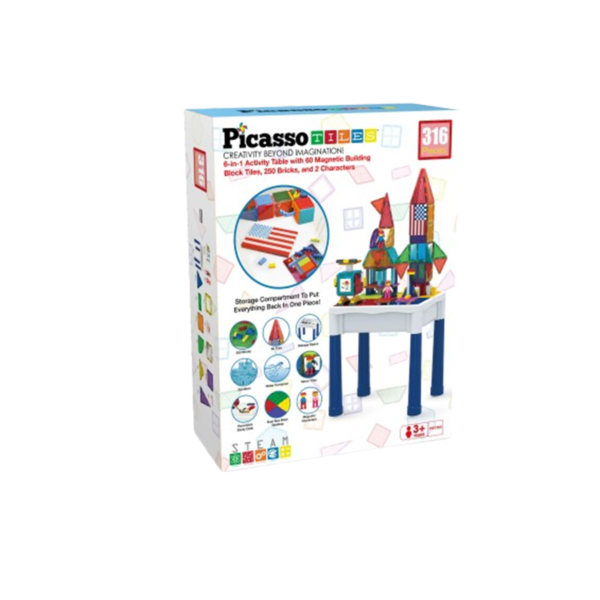 PicassoTiles 316pcs Magnetic Tiles Building Brick Activity Play Table Set Kids Ages 3+ Years, Multicolor
