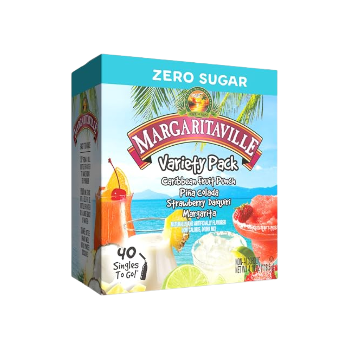 Margaritaville Singles to Go Water Drink Mix, Variety Pack, Includes 4 Flavors: Caribbean Fruit Punch, Pina Colada, Strawberry Daiquiri, And Margarita,1 Box (40 Single Servings)