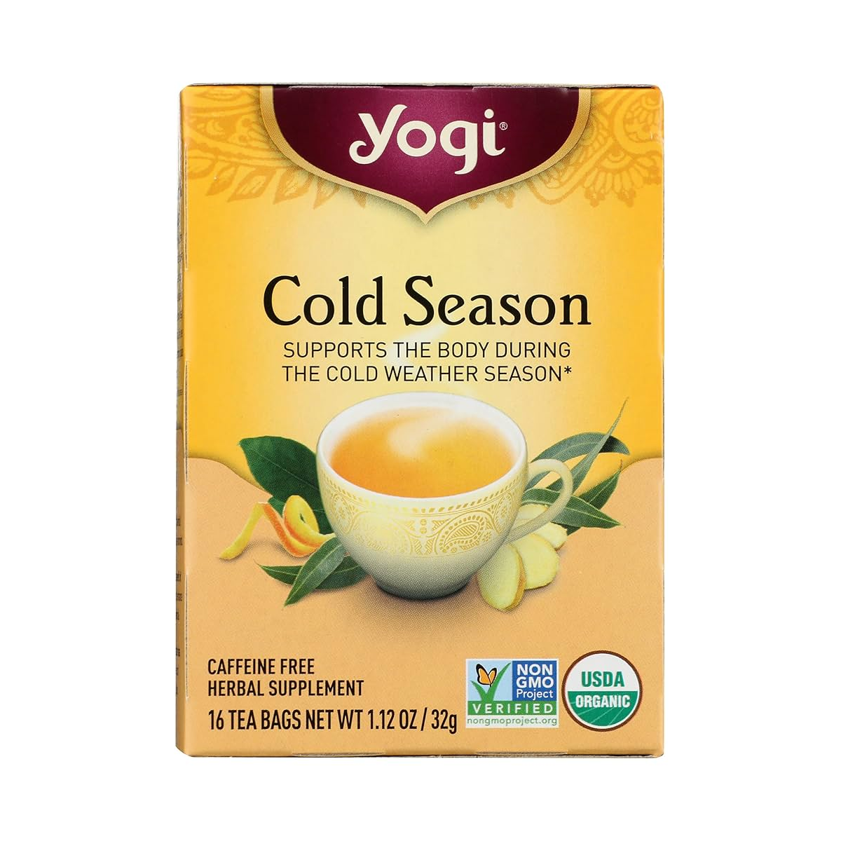 Yogi, Organic Cold Season Herbal Tea Caffeine Free 1 Tea Bags, Case Of 6, 16 bag
