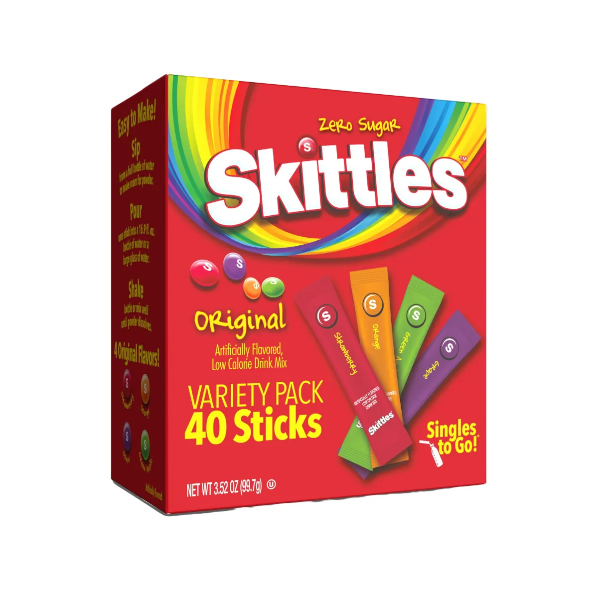 Skittles Singles To Go Variety Pack, Powdered Drink Mix, Zero Sugar, Low Calorie, Includes 4 Flavors: Green Apple, Strawberry, Grape, Orange, 1 Box (30 Single Servings)