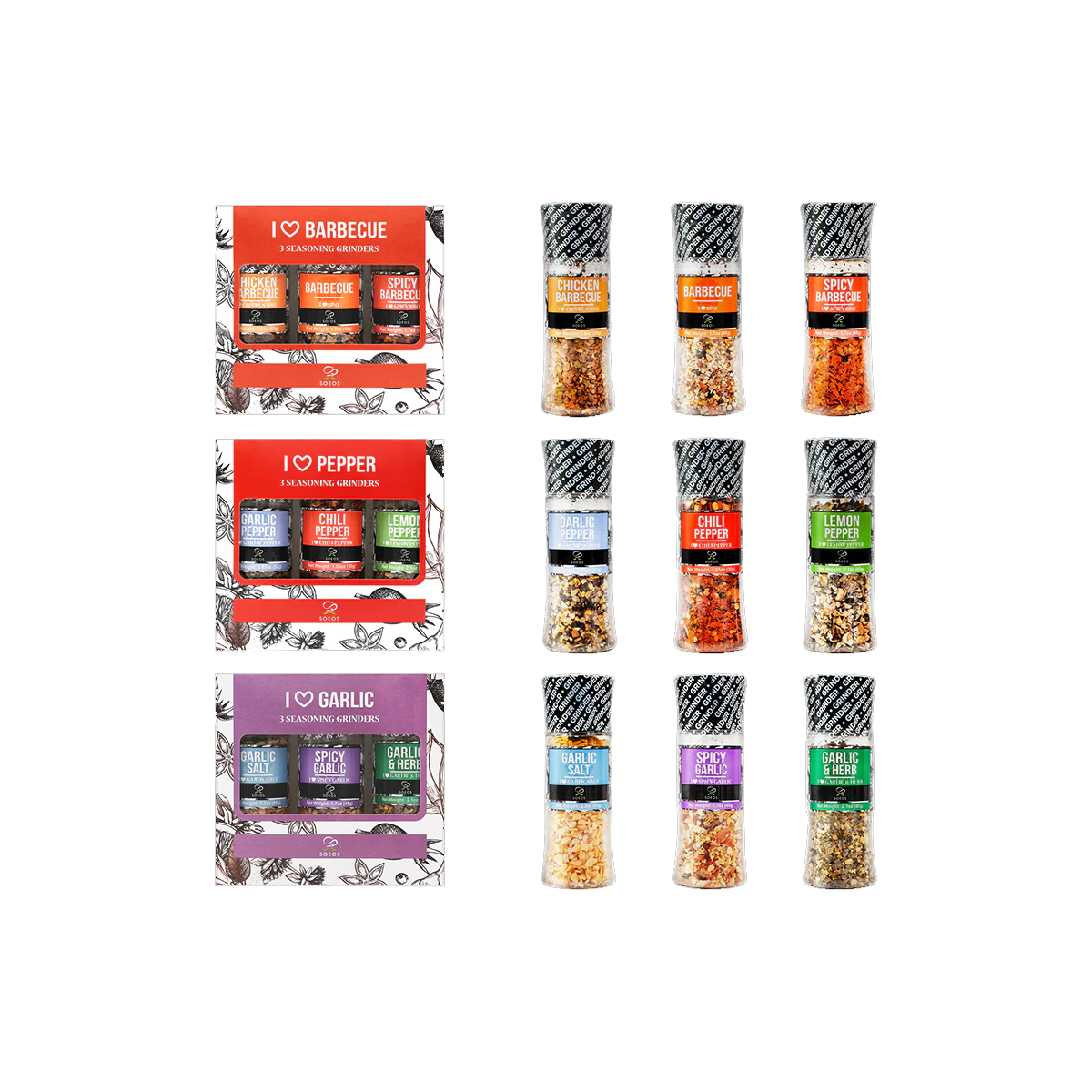 Soeos Spice Seasoning Set of 9 with Integrated Grinders - Case of 8