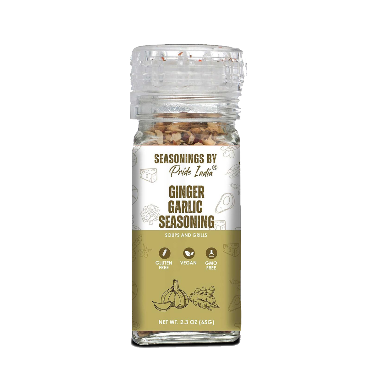 PRIDE OF INDIA Ginger Garlic Seasoning w/ Grinder Cap - Case of 6 - 2.3 oz