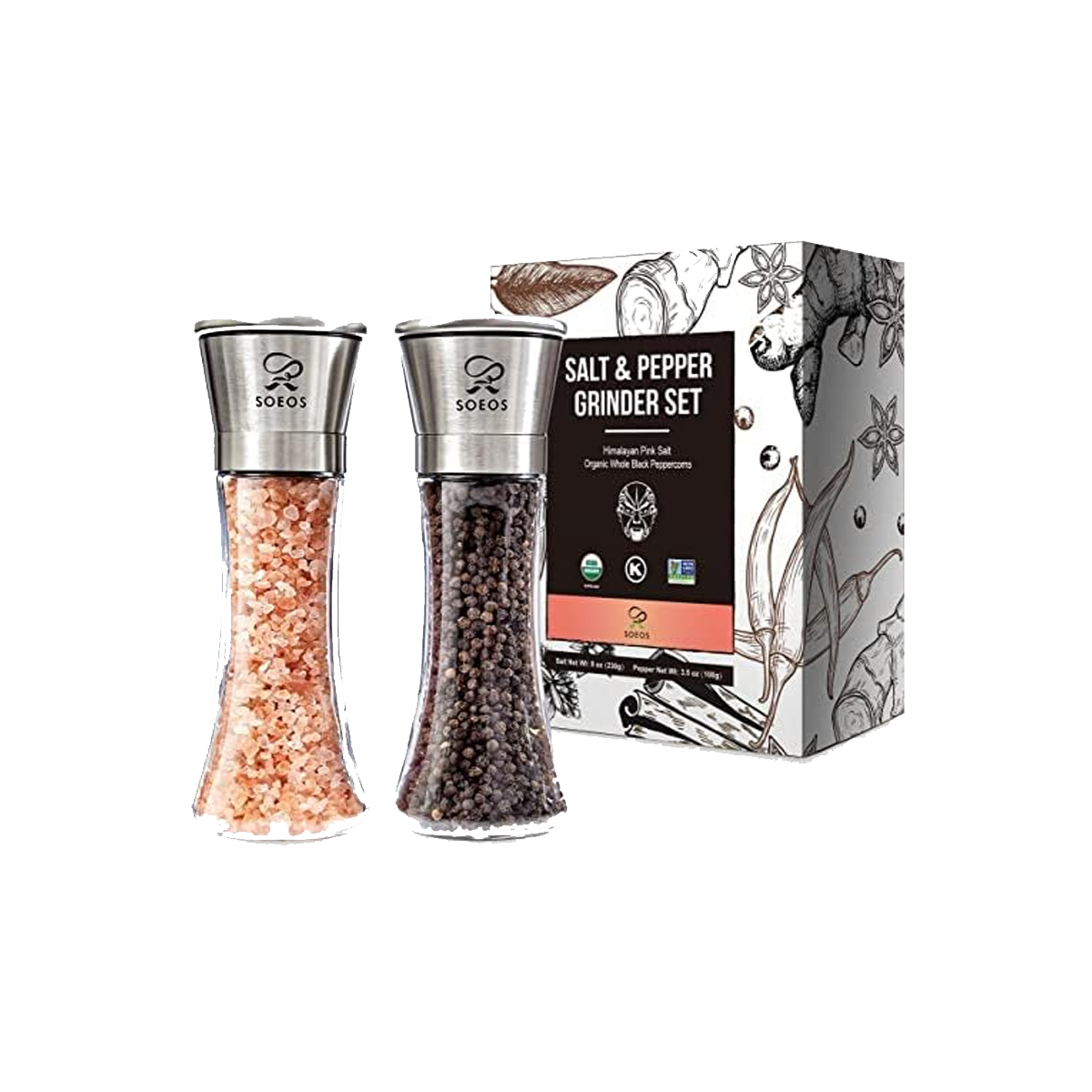 Soeos Salt and Pepper Grinder Set - Case of 6 - Pink Salt 2 lb + Black Peppercorns 1 lb + Grinder Set