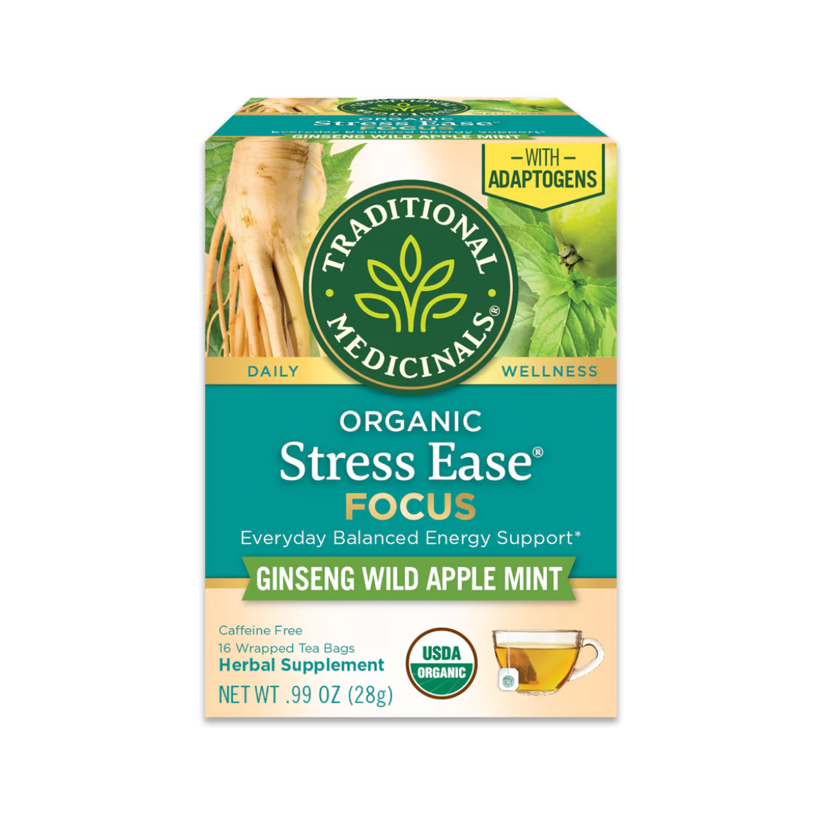 Traditional Medicinals Organic Ginseng Wild Apple Mint Stress Ease Focus Tea 16 count