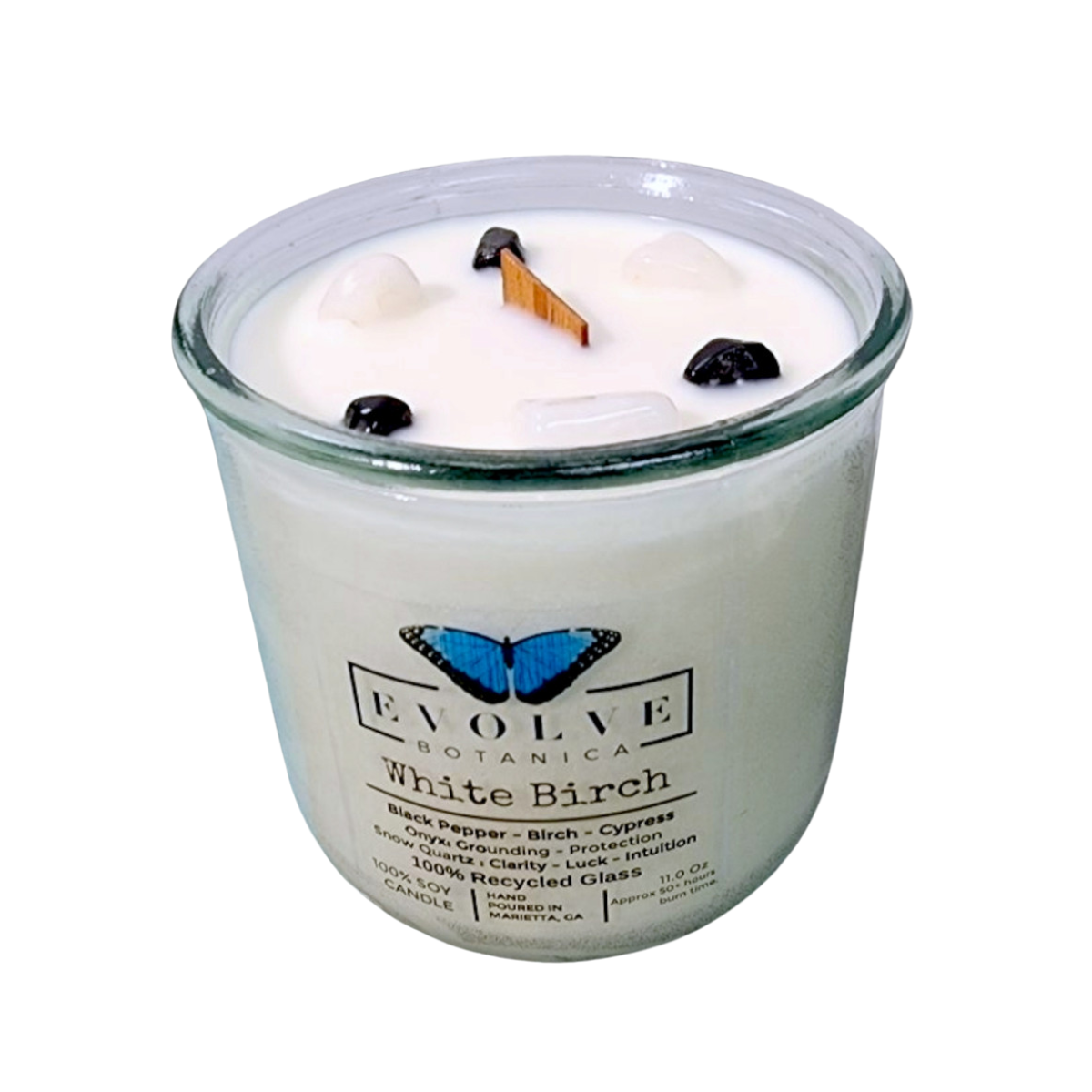 Evolve Botanica + Rocks Candle - White Birch (Wood Wick Snow Quartz & Onyx Gemstone Soy Candle) + Case of 3 + 11 oz