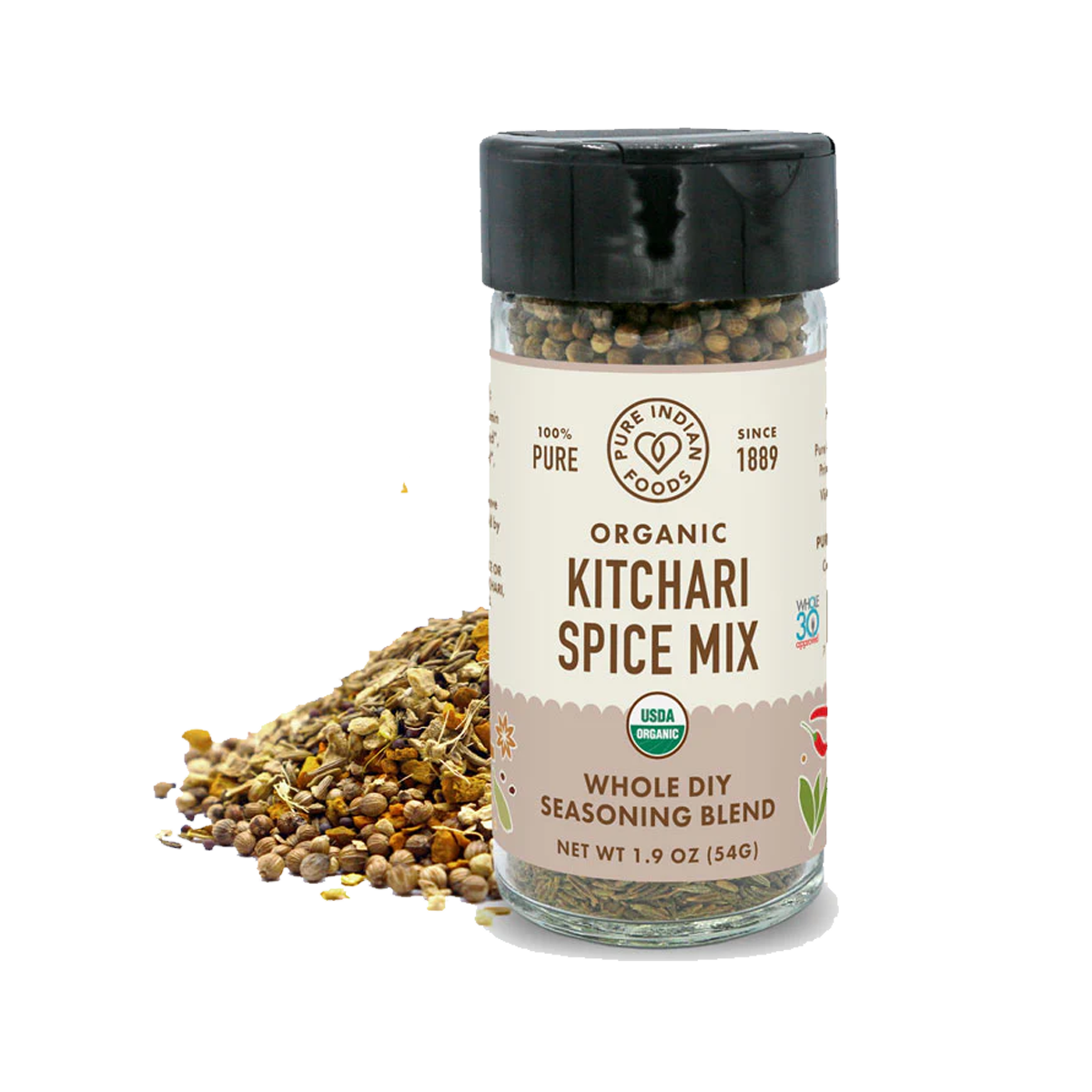 Pure Indian Foods Kitchari Spice Mix DIY, Certified Organic - Whole Seasoning Blend Glass Jar - Case of 12 - 1.9 oz