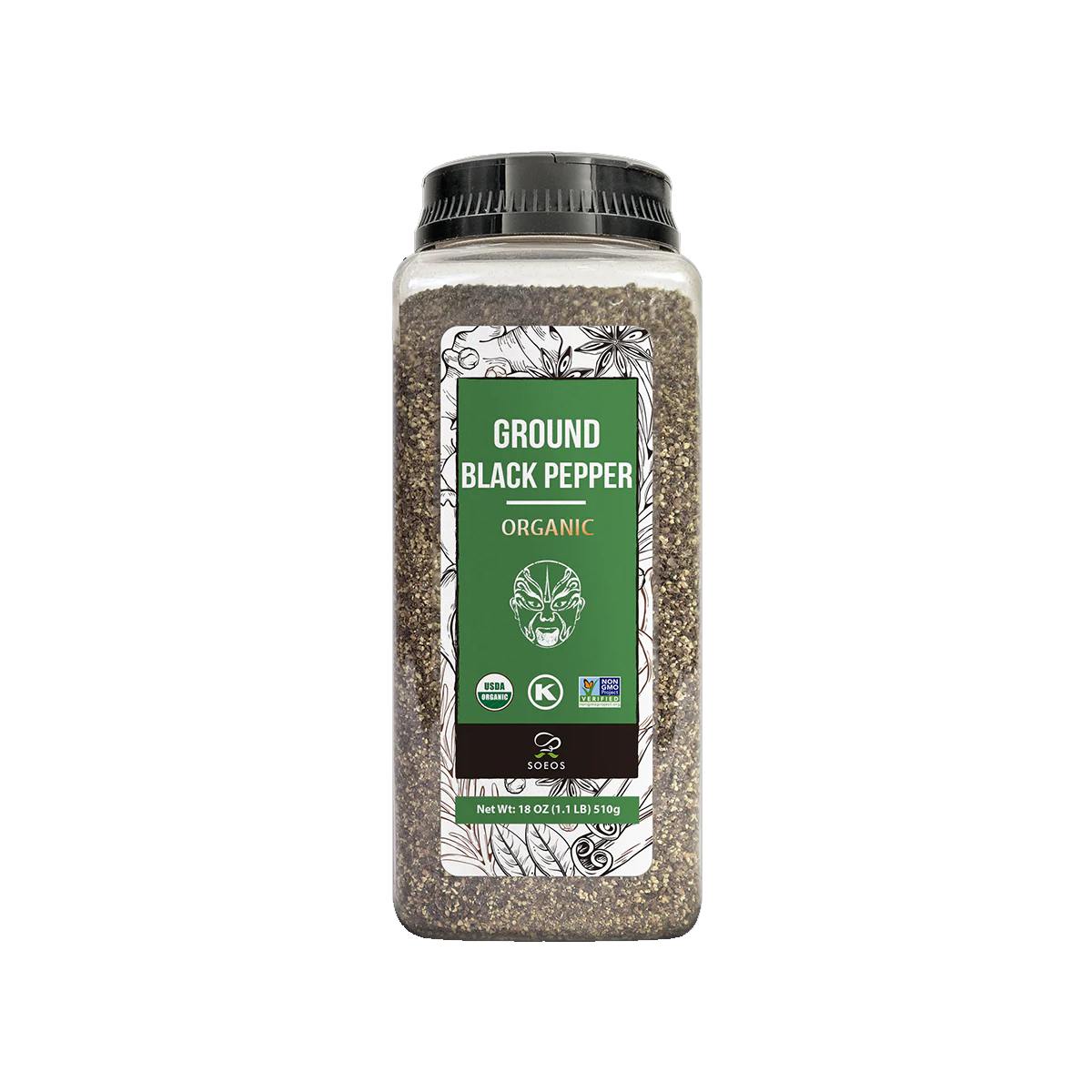 Soeos Organic Black Pepper Ground - Case of 36 - 18 oz (510g)