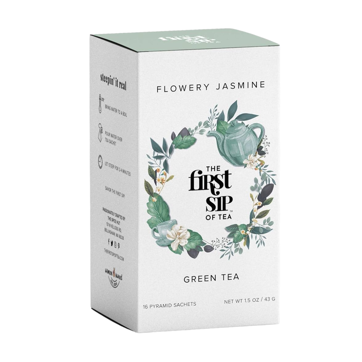 The First Sip Of Tea, Flowery Jasmine Green Tea Box, Case of 6 Tea Boxes, 16 Tea Bags (Plastic-Free Sachets) / Box