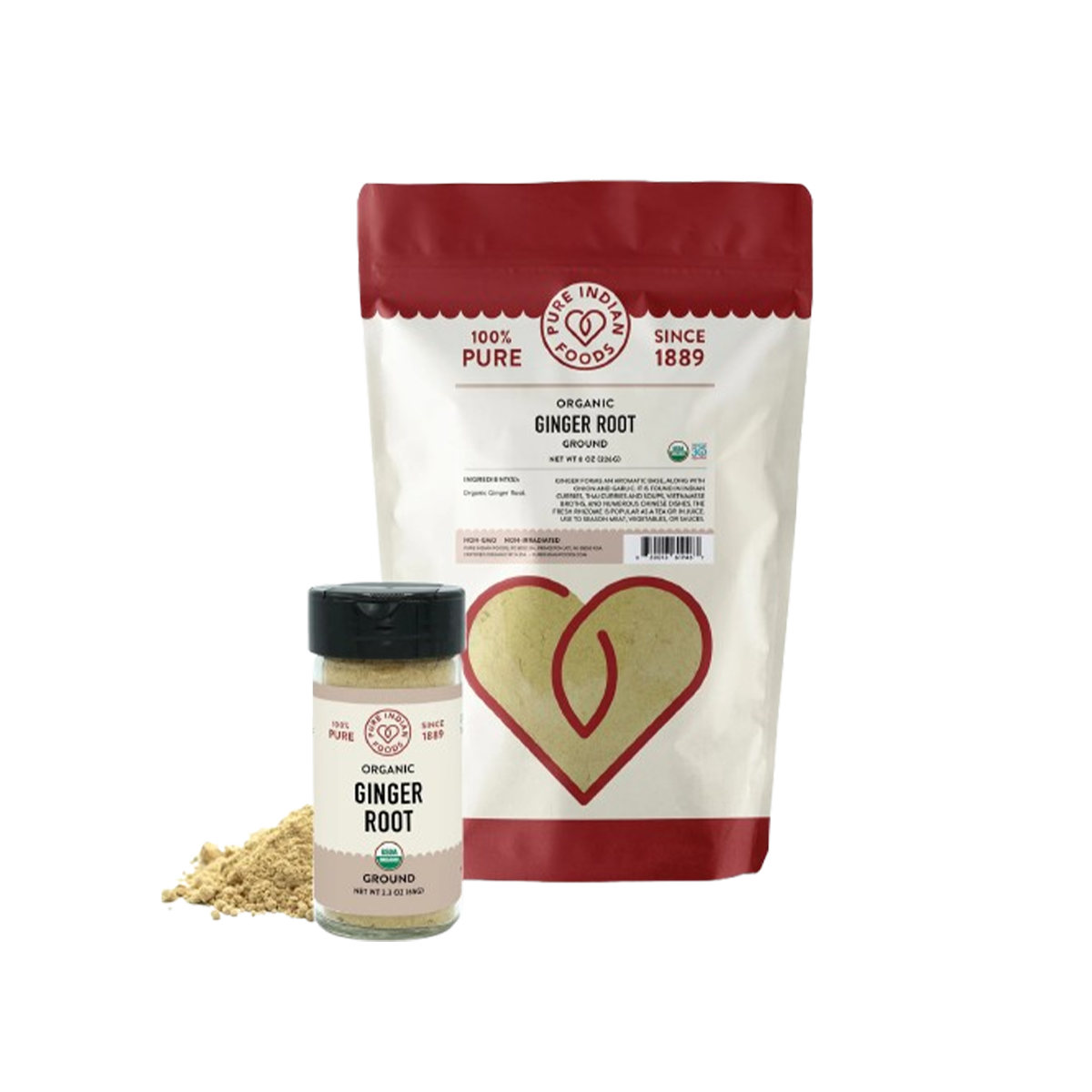 Pure Indian Foods Ginger Root, Certified Organic - Ground Glass Jar - Case of 12 - 2.3 oz