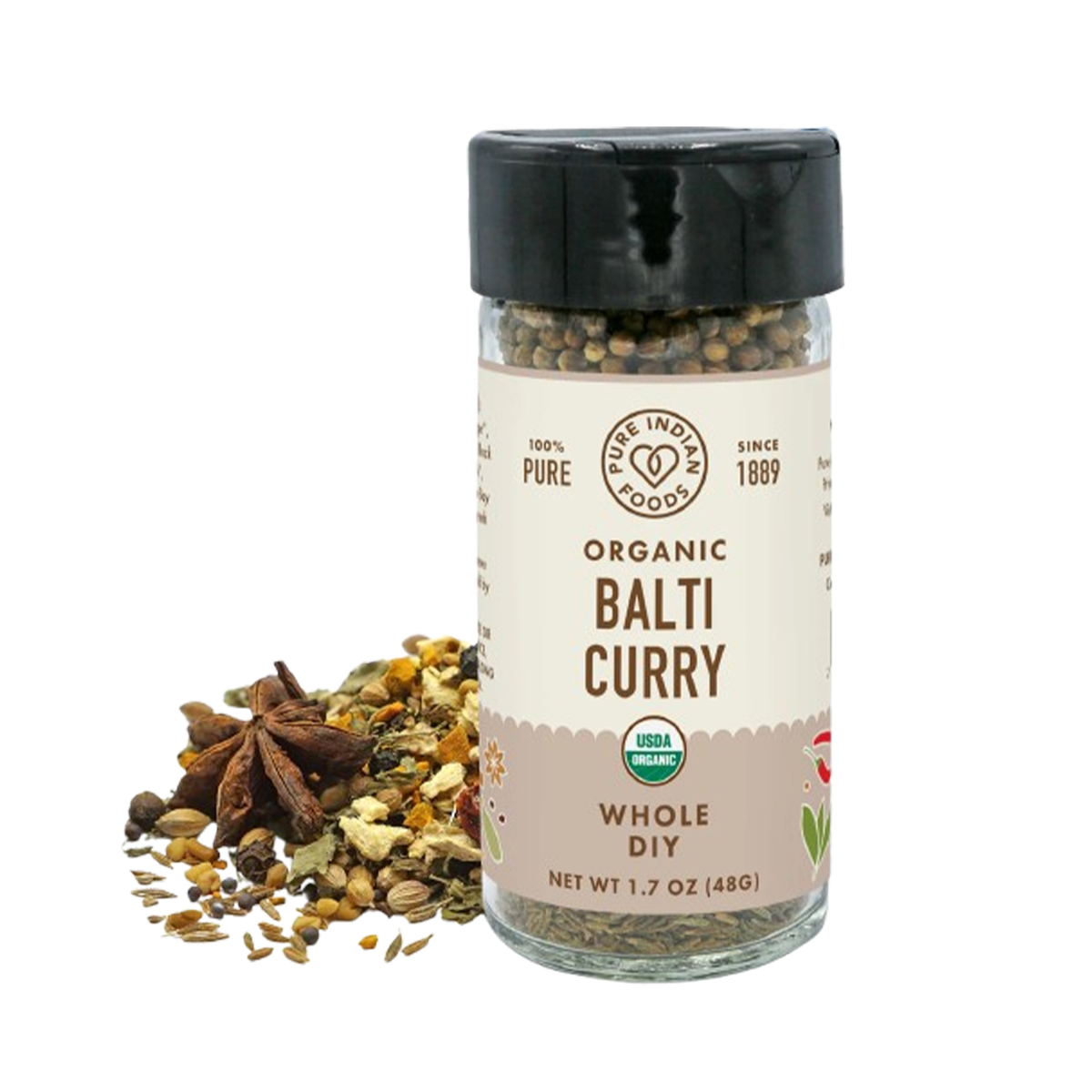 Pure Indian Foods Balti Curry DIY, Certified Organic - Whole Seasoning Blend Glass Jar - Case of 12 - 1.7 oz